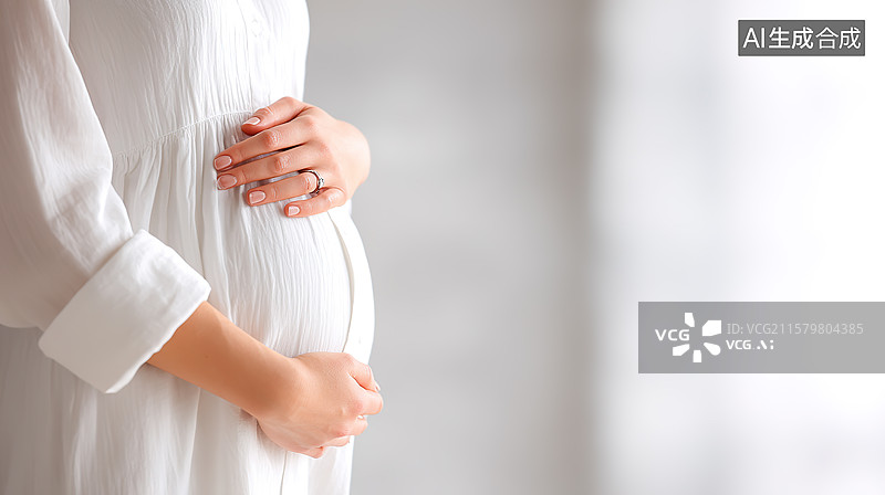 【AI数字艺术】穿着白色孕妇装的孕妇腹部特写图片素材