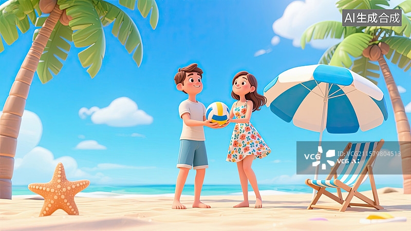 【AI数字艺术】情侣，沙滩，运动，沙滩排球，海洋图片素材