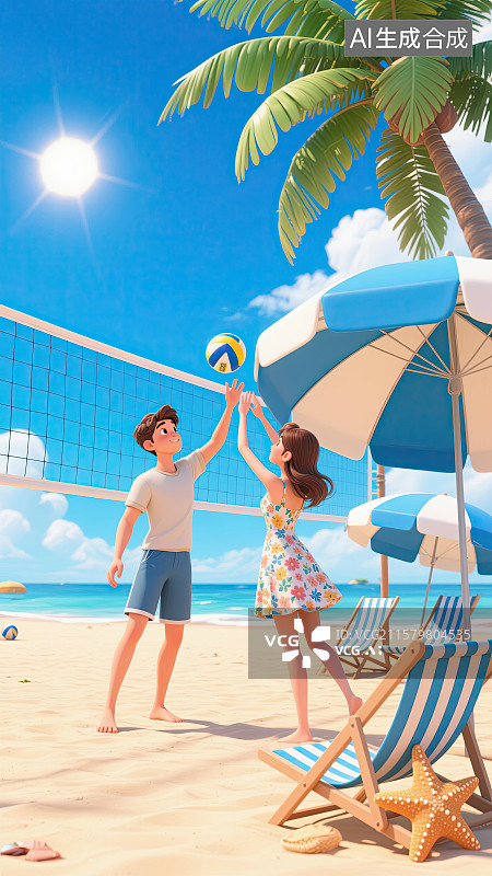 【AI数字艺术】情侣，沙滩，运动，沙滩排球，海洋图片素材