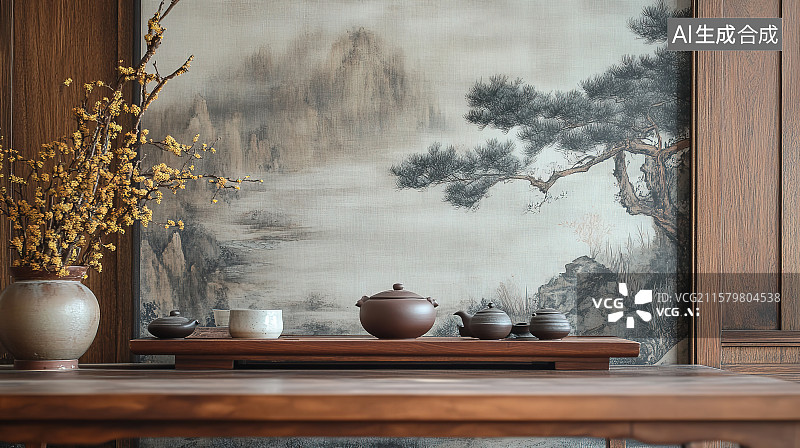 【AI数字艺术】中式复古实木茶室书房家居装饰设计图片素材
