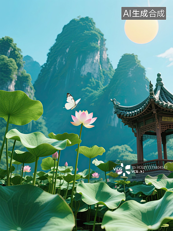 【AI数字艺术】夏日，荷花，白蝴蝶，节气插画，背景图片素材