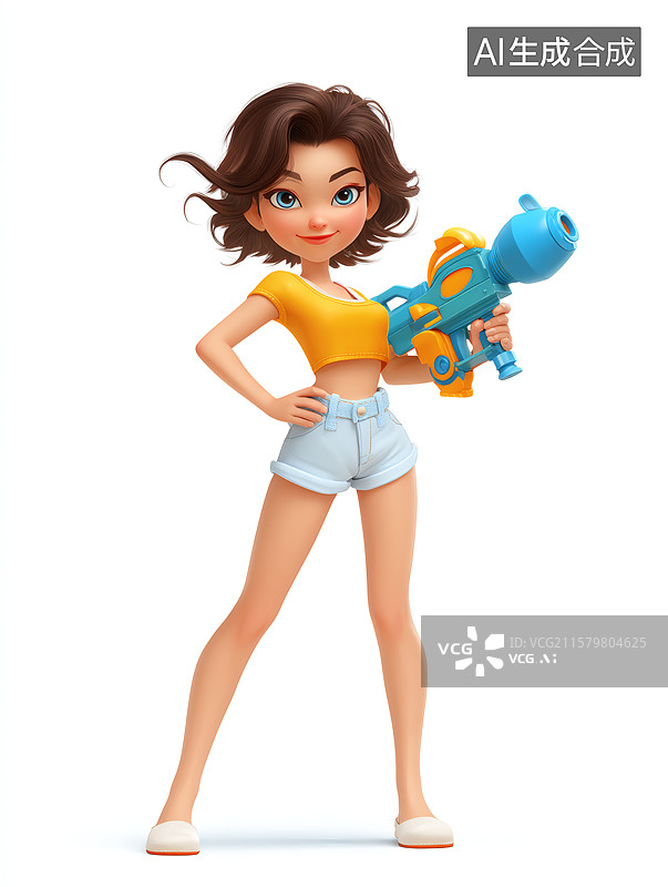 【AI数字艺术】一个可爱女孩拿着一把水枪图片素材