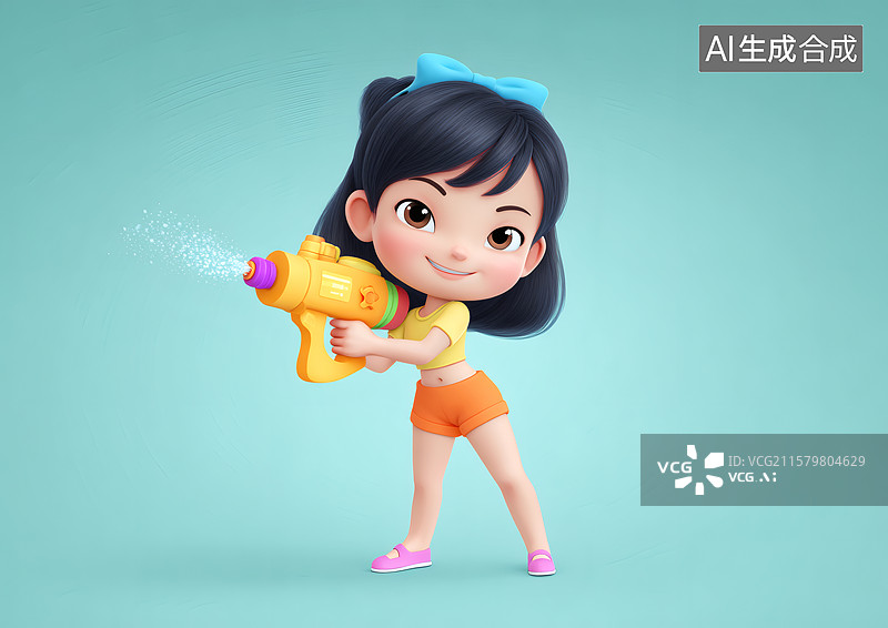 【AI数字艺术】一个可爱女孩拿着一把水枪图片素材