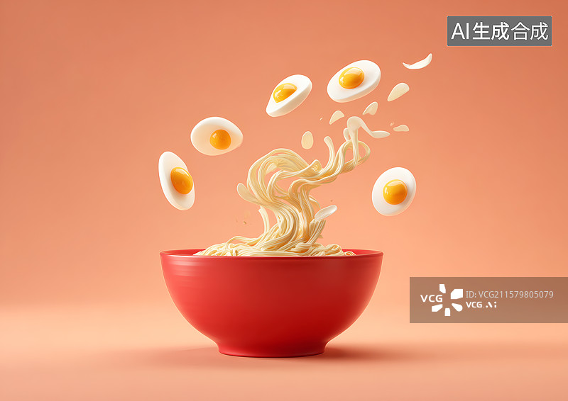 【AI数字艺术】鸡蛋和面条在飞舞的一碗鸡蛋面图片素材