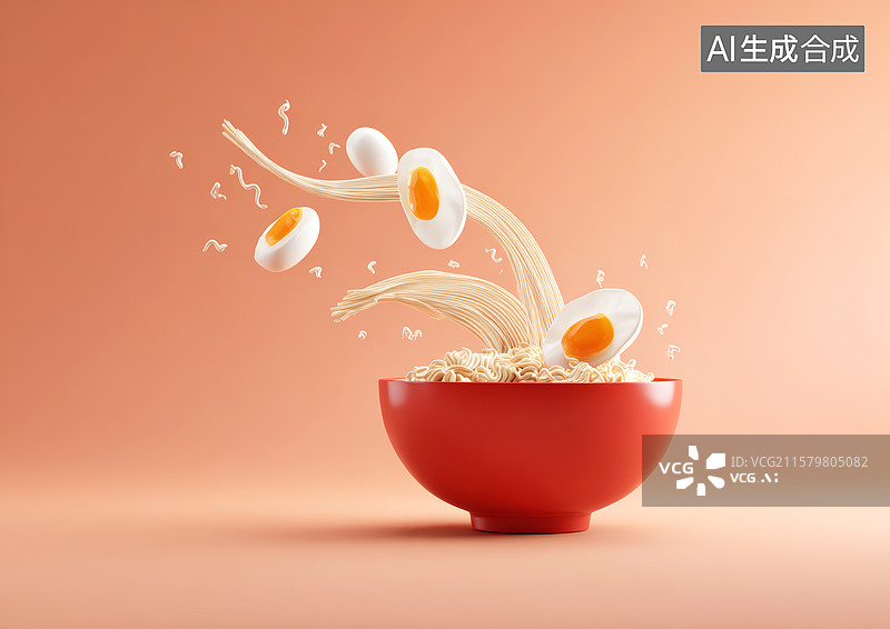 【AI数字艺术】鸡蛋和面条在飞舞的一碗鸡蛋面图片素材