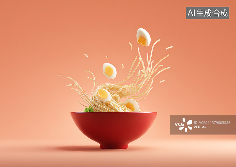 【AI数字艺术】鸡蛋和面条在飞舞的一碗鸡蛋面图片素材