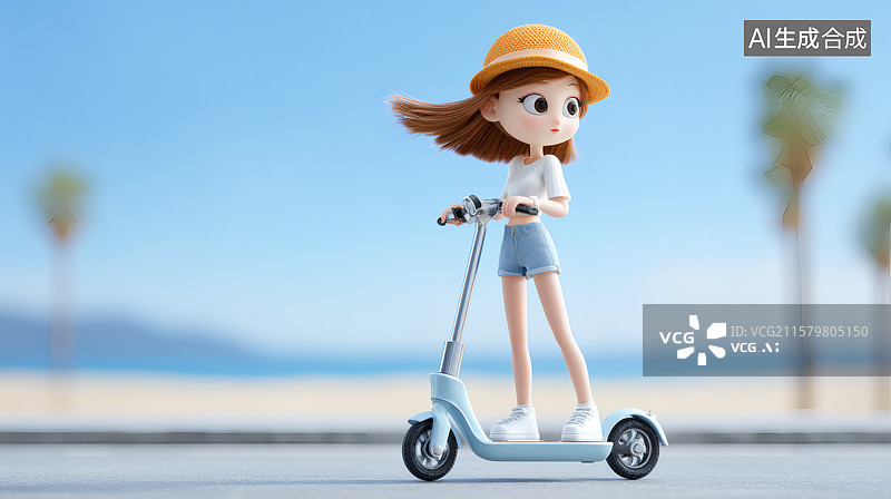 【AI数字艺术】一个女孩踩着一辆滑板车图片素材