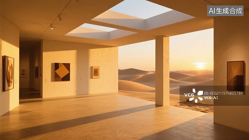 【AI数字艺术】现代艺术馆内的沙漠景观图片素材