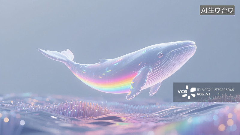 【AI数字艺术】彩虹色鲸鱼跃出水面图片素材