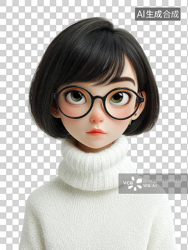 【AI数字艺术】戴眼镜的短发女孩图片素材