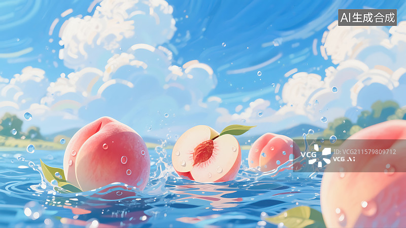 【AI数字艺术】水面上的桃子水果插画图片素材