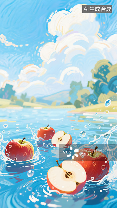 【AI数字艺术】水面上漂浮的苹果插画图片素材