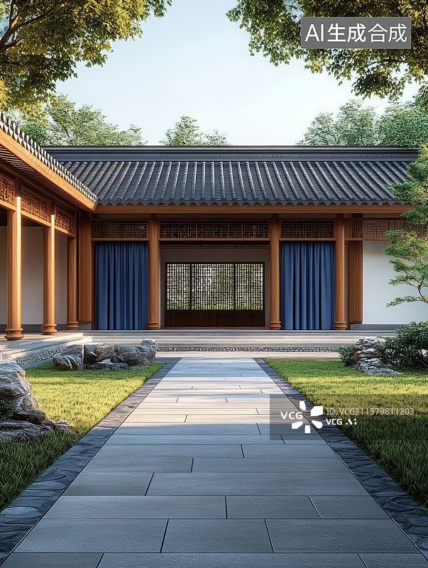 【AI数字艺术】复古中式庭院别墅景观设计图片素材