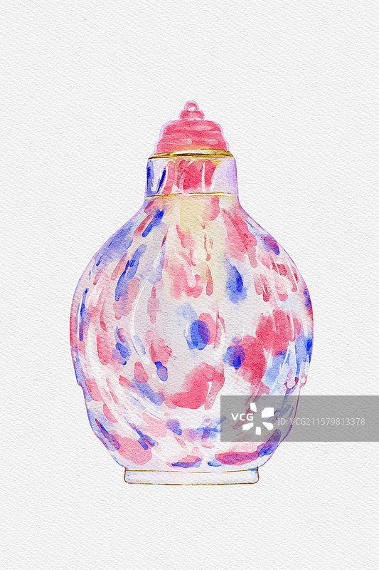 水彩手绘透明玻璃蓝红点彩鼻烟壶图片素材