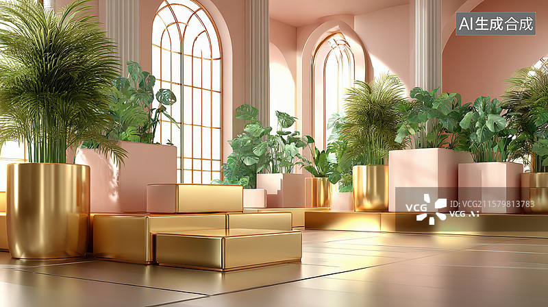 【AI数字艺术】现代室内设计与植物金饰图片素材