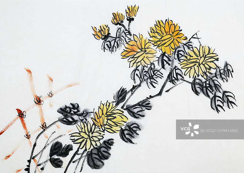 秋天 中秋节 菊花 陶渊明 篱笆 手绘插画齐白石风格中国画图片素材