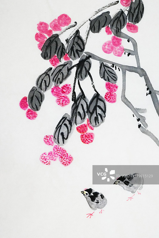 荔枝 荔枝树 妃子笑 水果 小鸡 手绘插画齐白石风格中国画图片素材