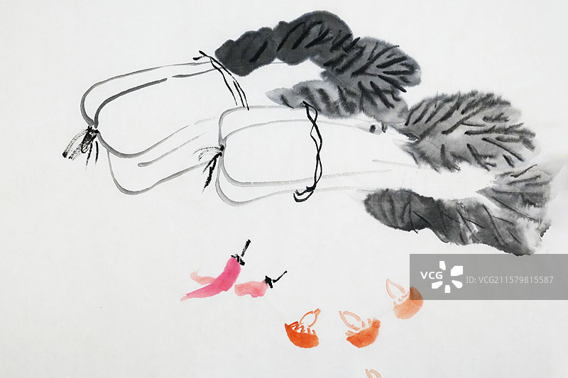 白菜 辣椒 蘑菇 食材 营养 健康 齐白石 风格 手绘插画图片素材