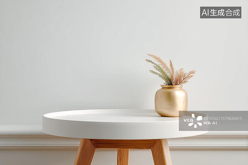 【AI数字艺术】白色桌子上的金色花瓶图片素材