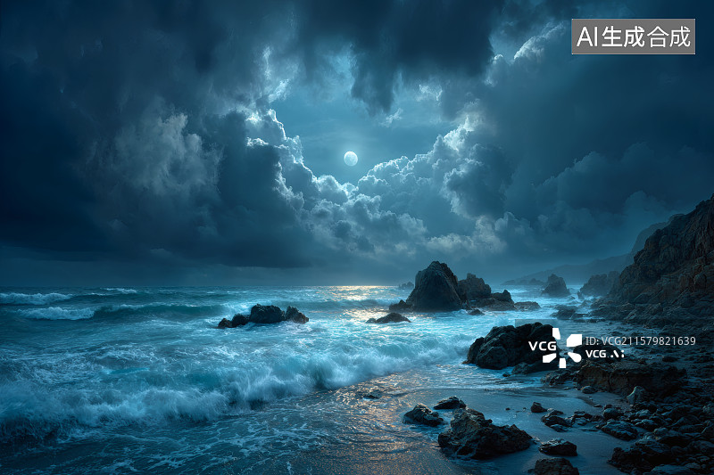 【AI数字艺术】夜晚，乌云密布，海浪怕打着礁石，一轮明月升起图片素材