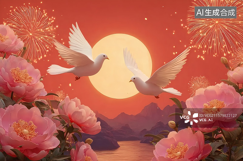 【AI数字艺术】红色背景，燃放烟花，空中飞舞的信鸽图片素材
