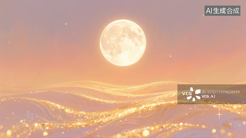 【AI数字艺术】金色起伏沙丘和圆月抽象插画图片素材