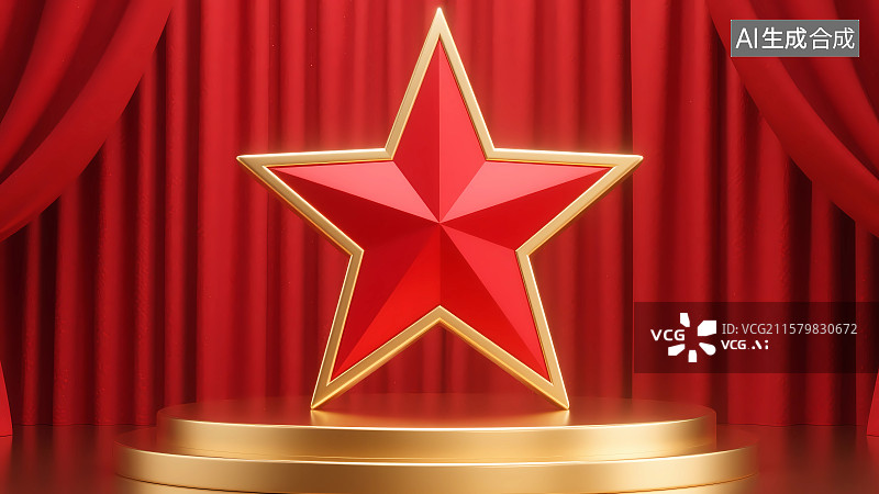 【AI数字艺术】金色展台上的五角星建军节插画图片素材