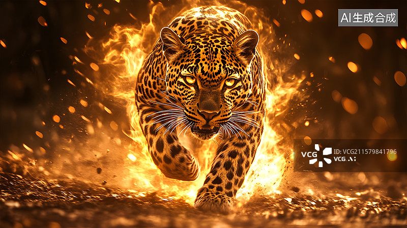 【AI数字艺术】豹的速度燃烧奔跑的豹子图片素材