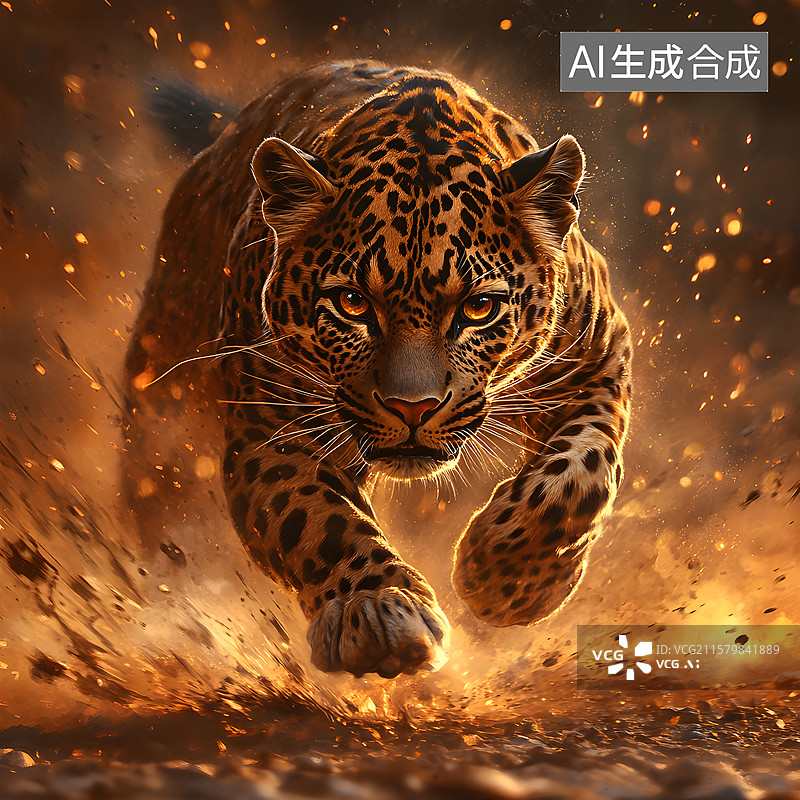 【AI数字艺术】豹的速度燃烧奔跑的豹子图片素材