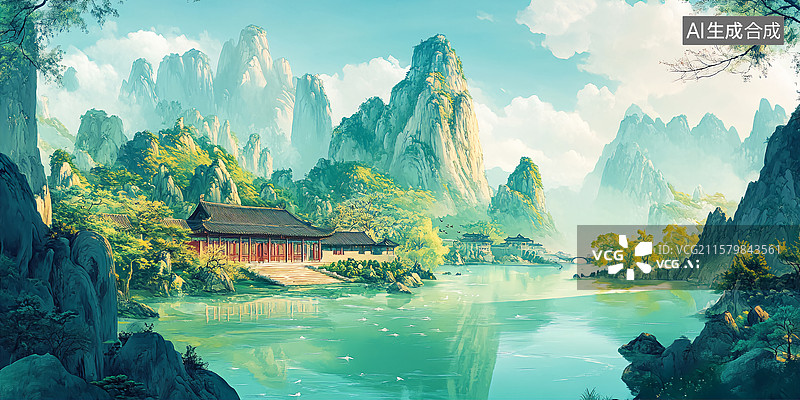 【AI数字艺术】水墨画千里江山古建筑风景图片素材