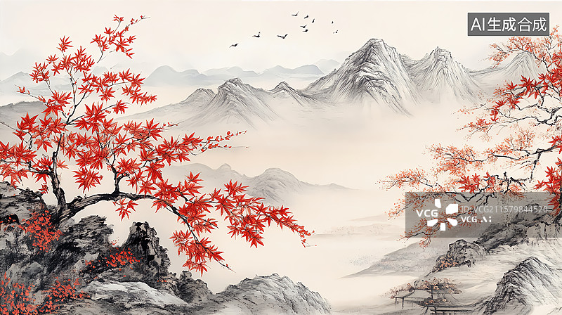 【AI数字艺术】国潮水墨画秋天高山红叶风景图片素材