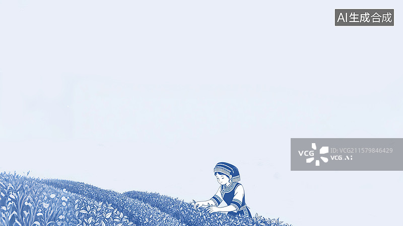 【AI数字艺术】蓝白色调采茶女插画2D卡通居下图片素材