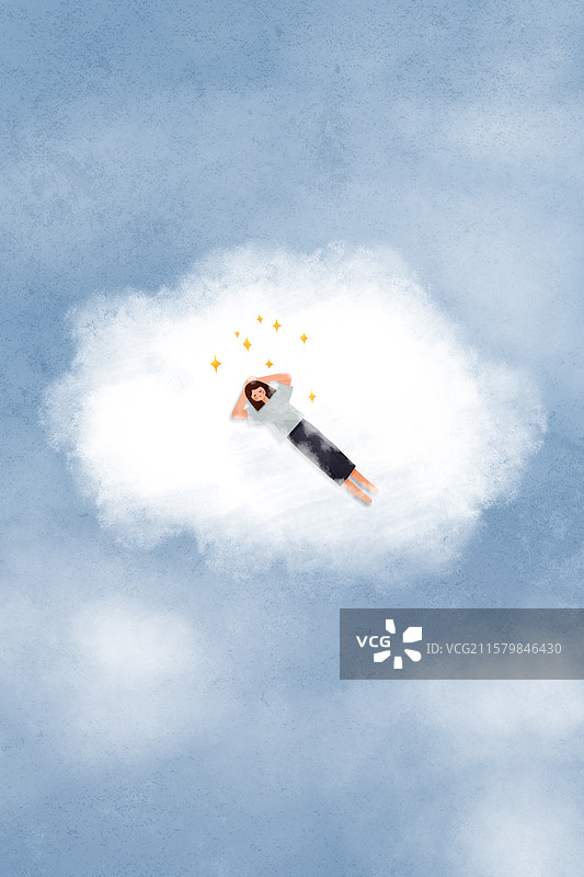 躺在蓝天白云云朵上发呆的女孩图片素材