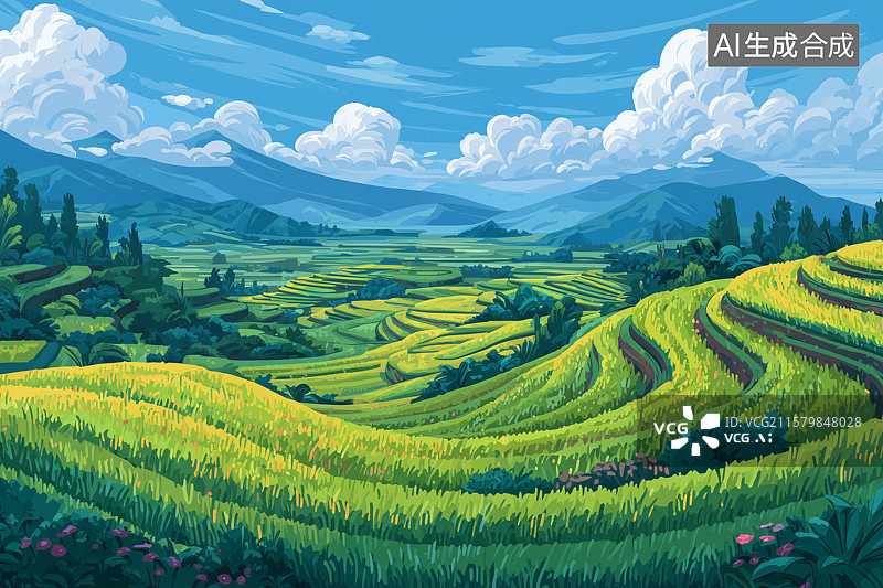 【AI数字艺术】蓝天下的梯田插画图片素材