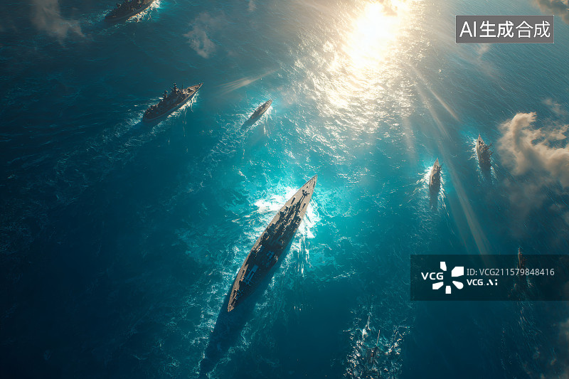 【AI数字艺术】迎着阳光，海面上航行的海军舰队图片素材