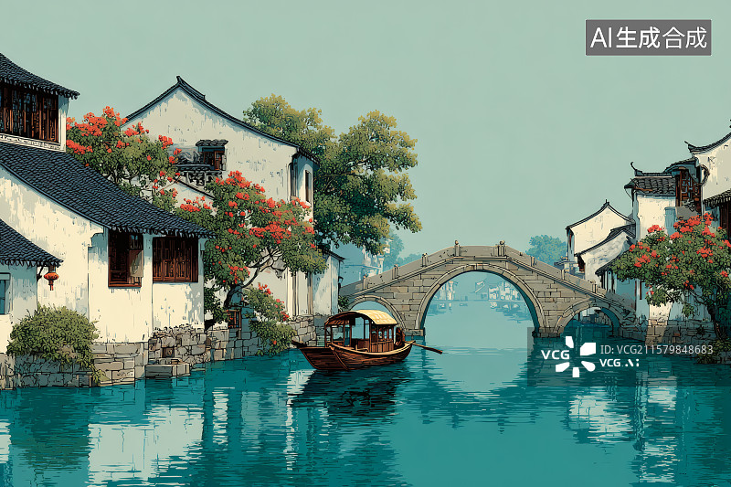 【AI数字艺术】蓝色的河水，静谧的村庄，一艘乌篷船行驶在河道上图片素材
