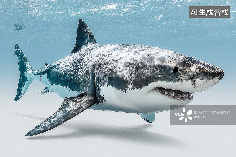【AI数字艺术】海中游荡着的大白鲨，正在捕猎图片素材