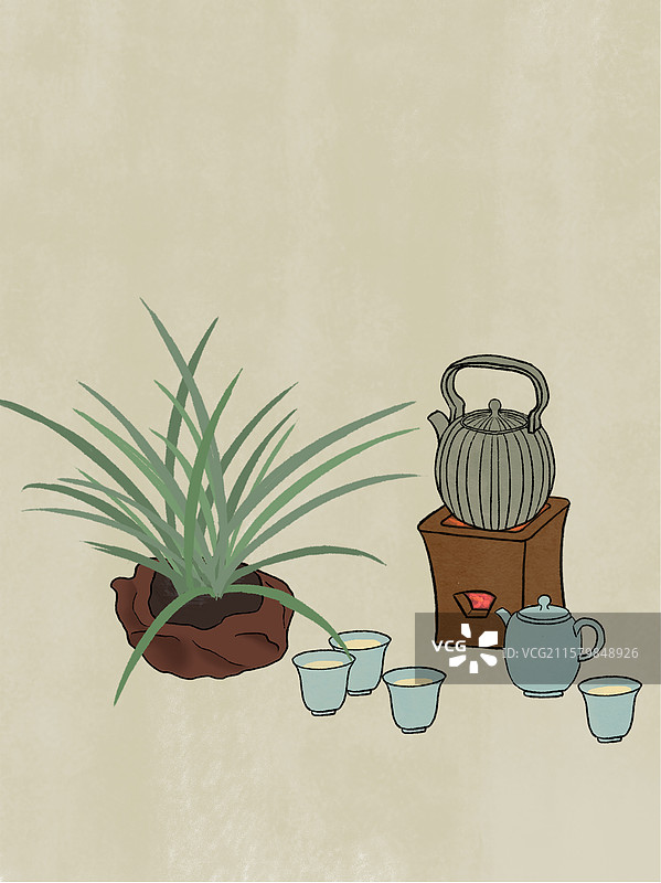 国风手绘饮茶图图片素材