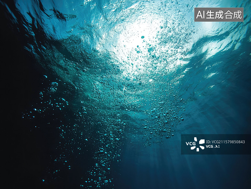 【AI数字艺术】水下生物发光抽象商业背景蓝绿藻簇发出荧光清水中氧气泡上升深海渐变地球原始光合作用制氧过程图片素材