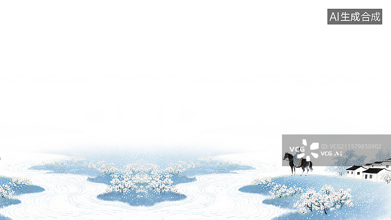 【AI数字艺术】蓝白中式山水骑马场景插画水墨画居下图片素材