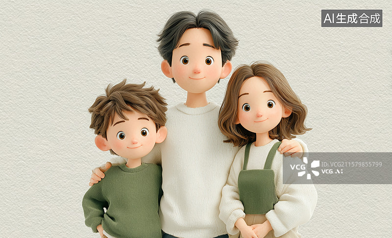 【AI数字艺术】温暖四口之家的免扣3D卡通人物形象图片素材