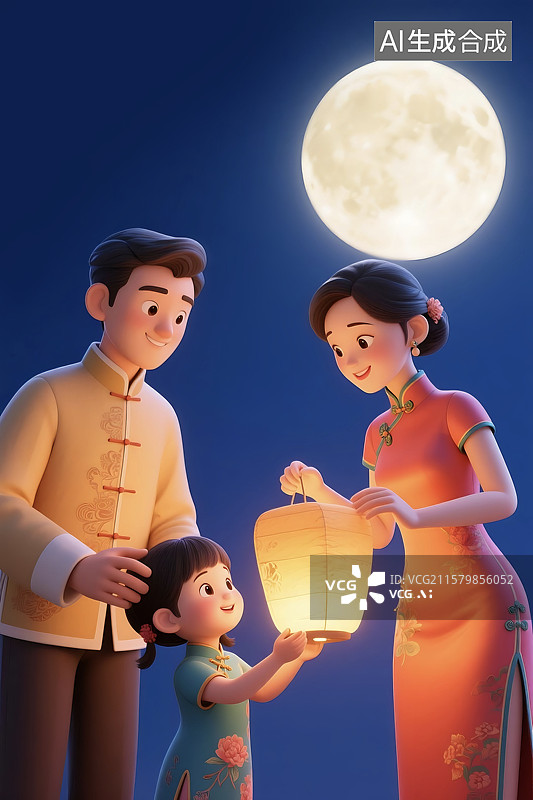 【AI数字艺术】3D立体三维C4D中秋节团圆满月夜晚一家三口放孔明灯家庭亲情相伴温馨快乐图片素材