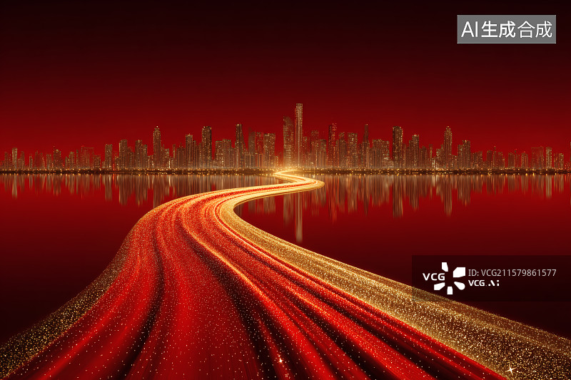 【AI数字艺术】金色的线条横渡大海，流向远处的城市高楼大厦，抽象的广告背景图图片素材