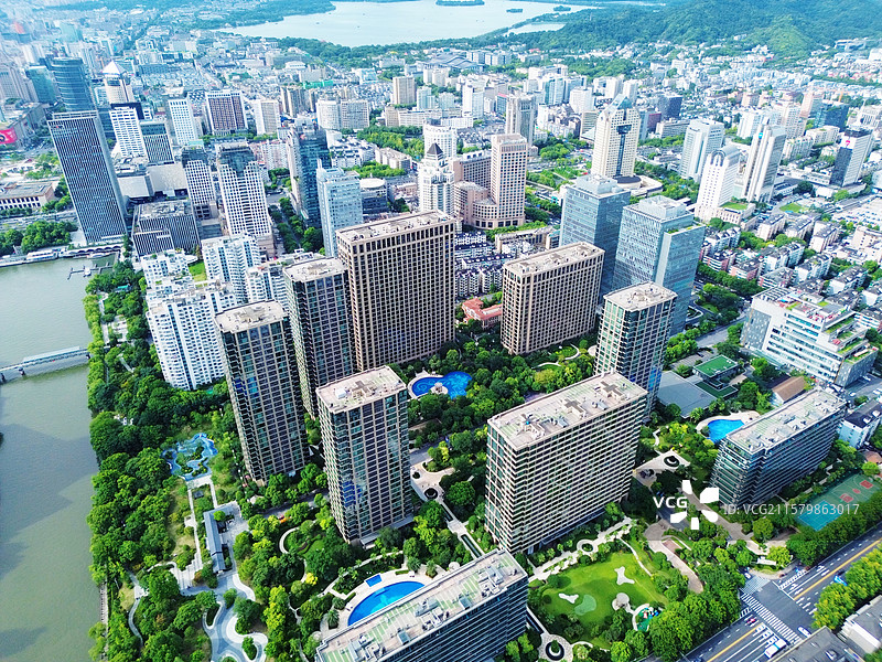 航拍杭州武林壹号高档住宅区：武林一号坐落于武林商圈，是杭州顶级豪宅标杆，由高端公寓、奢华会所组成图片素材