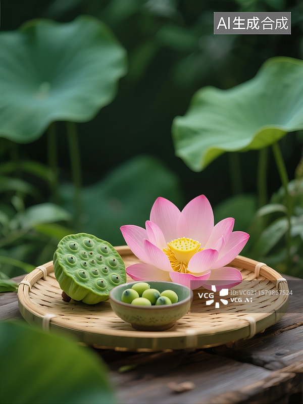 【AI数字艺术】圆形竹编托盘为中心，将莲蓬、荷花、莲子及小碗有序摆放，剥皮的绿色莲蓬与剥开后露出的莲子图片素材