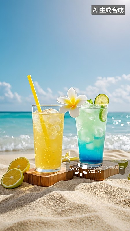 【AI数字艺术】海滨饮品，左侧放着一杯分层渐变的蓝绿色冰饮黄色气泡饮，右侧是透明玻璃杯里满是碎冰，插着一根黄色弯吸管图片素材