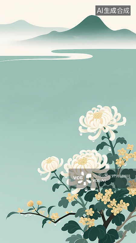 【AI数字艺术】寒露节气插画——国风意境菊花山水图片素材