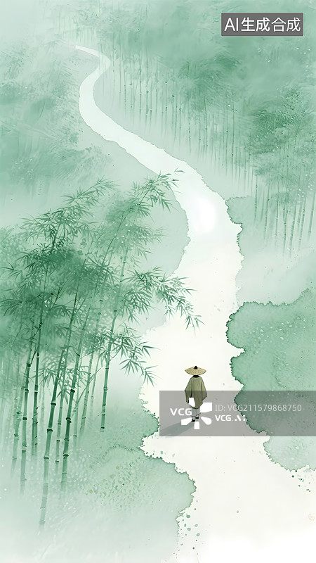 【AI数字艺术】幽静的竹林与小路，一个孤独的行者背影图片素材