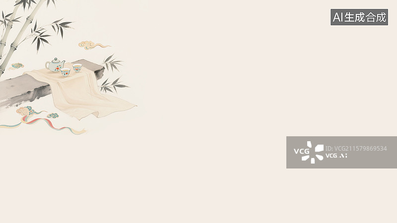 【AI数字艺术】水墨画国风竹下品茶背景左上图片素材