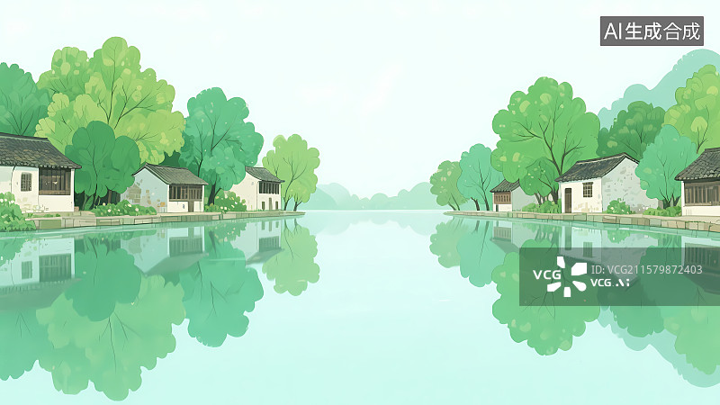 【AI数字艺术】插画--青绿的中国乡村山水风光，青山绿水家乡美好图片素材